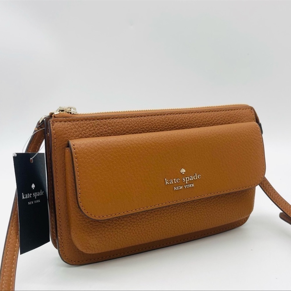 Kate Spade Leila Pebbled Leather Small Flap Crossbody Bag Brown/Gold (NWT) - Picture 2 of 9